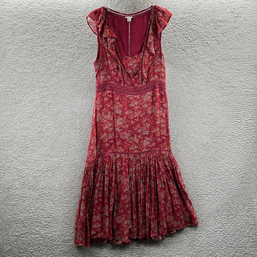 Sundance Floral Bird‎ Print Midi Dress Red Petite 12 Boho Flutter Sleeve Viscose